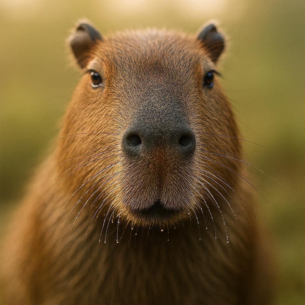 Close-up portrait photorealistic capybara, 85mm lens, shallow depth of field, morning natural light, wet whiskers, calm gaze.